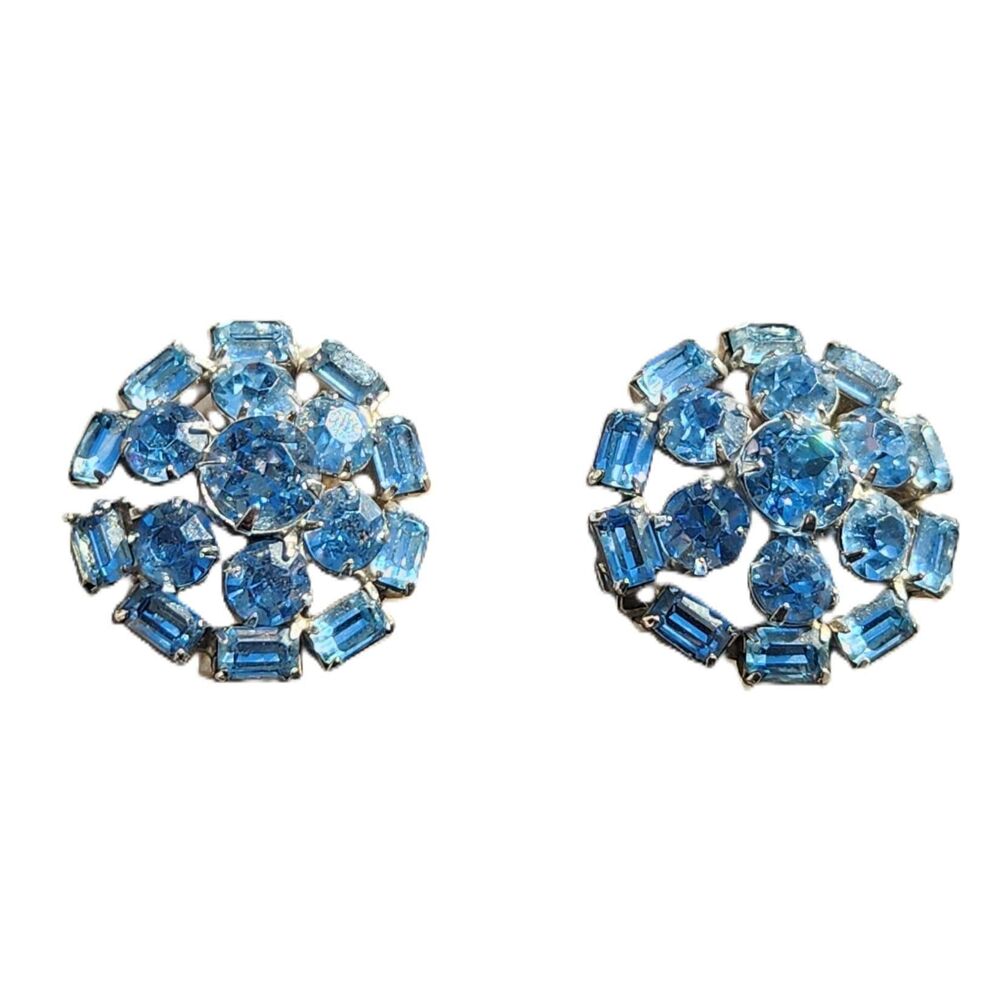 Vtg Blue Faceted Crystal Clip On Earrings 1940s Round Prong Costume Jewelry Box